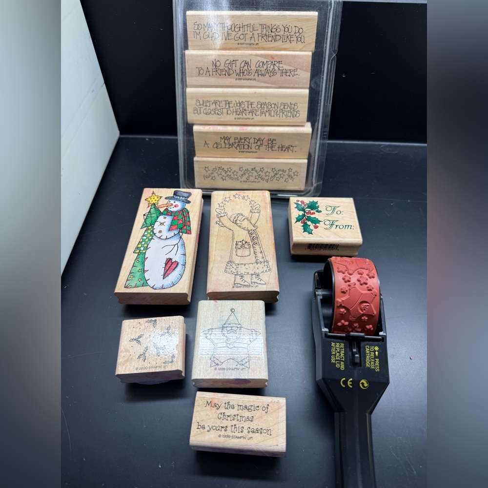 Assorted Holiday Rubber Stamps and Roller